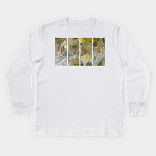 A static shot of a toad under the clear water of a mountain stream between rocks and stones; beautiful nature in a sunny day; no people around Kids Long Sleeve T-Shirt